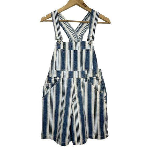 Vintage SKOOZI Blue & White Cotton Striped Shortalls Short Overalls Size Small - Picture 1 of 9
